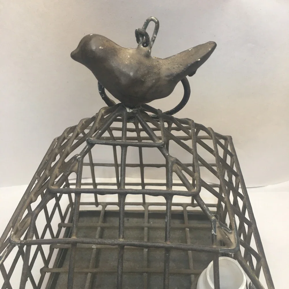 Vintage Iron Metal Bird Cage With Bird On Top w/ Hinge opening,pull Out Tray